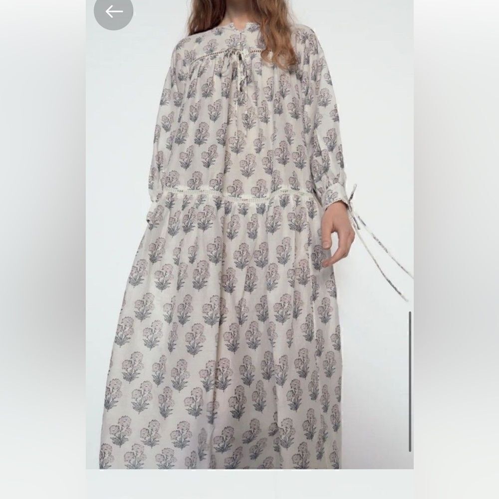 Zara Maxi Dress Block Print Boho Flowy Long Sleeves Floral Cream Blue Pink S - Picture 3 of 16